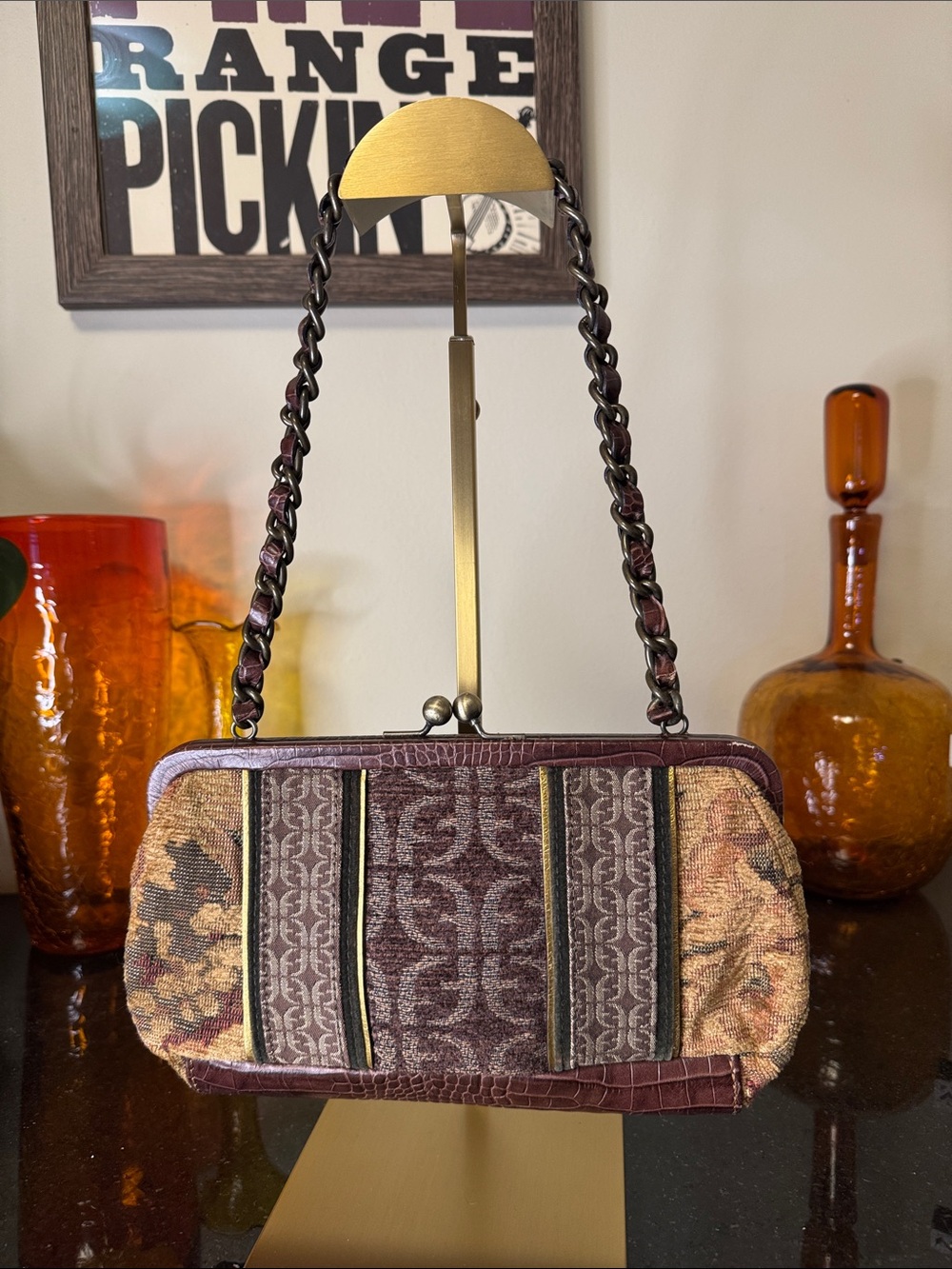 Fossil Brown and Gold Tapestry Chain-Handle Clutch